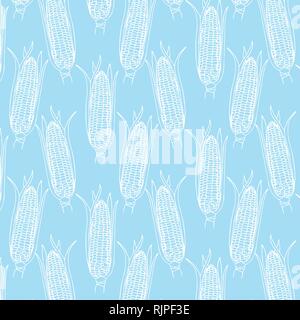 Vector hand drawn Corn cobs pattern in white color on light blue background Stock Vector