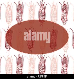 Hand drawn corn cobs pattern invitation/thank you/event vector card template in red, pink and white colors palette Stock Vector