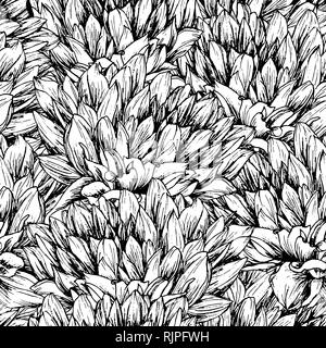 Peony Floral Pattern. Seamless Flower ink pen color texture. Sketch flowers black and white illustration. Chrysanthemums vintage freehand drawing. Sketched wallpaper or background vector fill Stock Vector