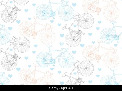 Vector hand drawn bicycle and hearts pattern in pink, blue and gray colors palette on white background. Valentine. Stock Vector