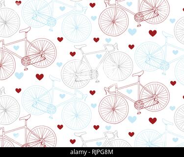 Bicycle and hearts pattern in red and blue colors palette on white background. Valentine. Stock Vector