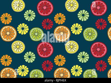 Vector pattern citrus in yellow, green, orange and red colors palette on a dark blue background Stock Vector