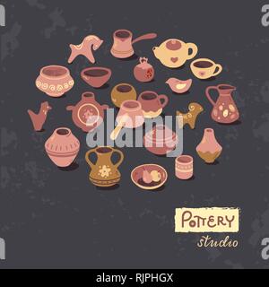 Circle template pottery workshop, ceramics classes banner illustration. Vector line icon of clay studio tools. Hand building, sculpturing equipment. A Stock Vector