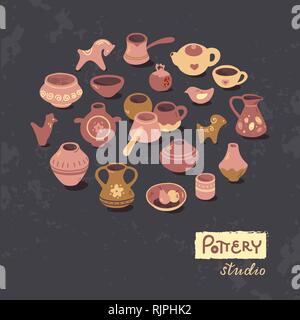 Circle template ceramics classes banner illustration, pottery workshop. Pottery wheel, clay horse, and other ceramic products in the icon set in flat style. Stock Vector