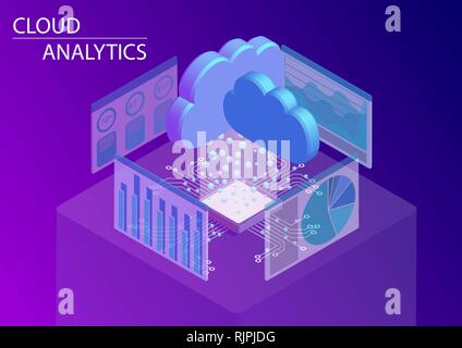 Cloud computing and on demand analytics concept. 3d isometric vector illustration. Stock Vector
