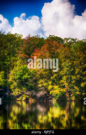 The colorful trees of Autumn reflecting off of the waters in Burr State Park in Torrington, Connecticut on a sunny fall day. Stock Photo