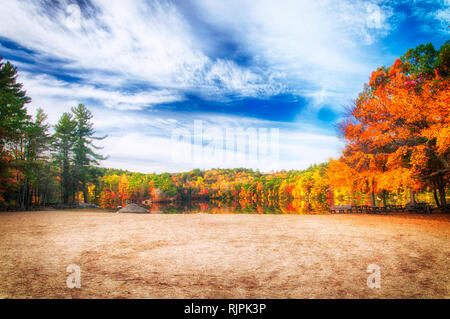 The beach and colorful trees of Autumn reflecting off of the waters in Burr State Park in Torrington, Connecticut on a sunny fall day. Stock Photo