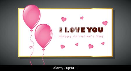 happy valentines day greeting card with pink hearts and balloons vector illustration EPS10 Stock Vector