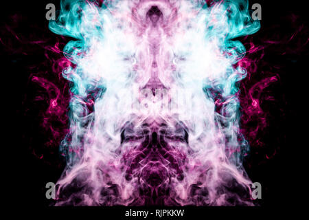 Thick colorful smoke of blue and pink  in the form of a skull, monster, dragon on a black isolated background. Background from the smoke of vape. Moca Stock Photo