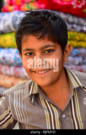 Indian Boy, Textiles, Street Photography, Bundi, Rajasthan, India Stock Photo