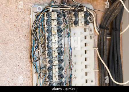 Wiring of an old electrical installation in Caceres, Extremadura, Spain. Stock Photo