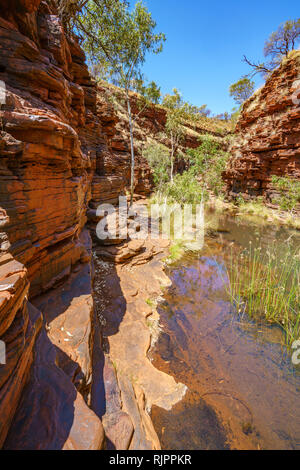 hiking down in steep hancock gorge in karijini national park, western australia Stock Photo
