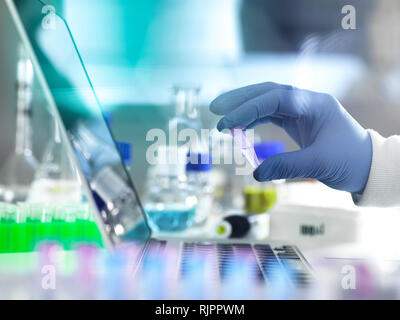 Scientist examining vial containing sample used in biomedical, DNA, biotechnology, analytical chemistry, pharmaceutical research Stock Photo
