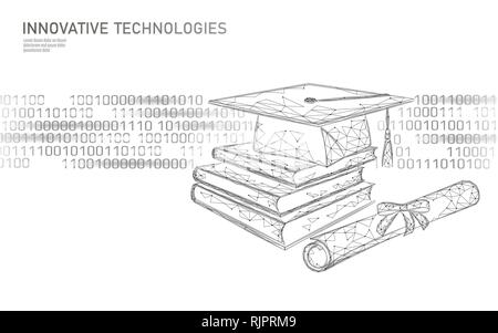 Online education 3D low poly technology business concept. E-learning training skill courses. Graduation cap, books, diploma polygonal modern design Stock Vector