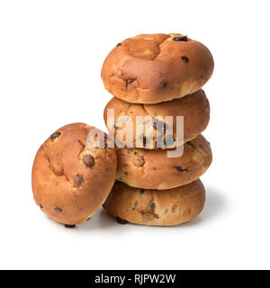 Stack of fresh baked raisin buns isolated on white background Stock Photo