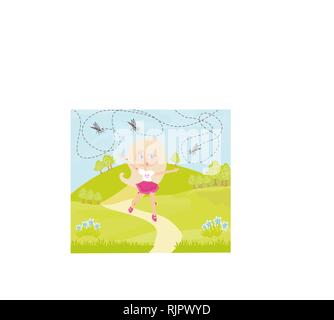 Girl runs away from mosquitoes Stock Vector