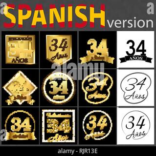 Set of number thirty-four years (34 years) celebration design. Anniversary golden number template elements for your birthday party. Translated from th Stock Vector