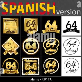 Set of number sixty-four years (64 years) celebration design. Anniversary golden number template elements for your birthday party. Translated from the Stock Vector