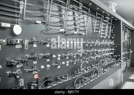 Showcase with plumbing taps and sanitary in the shop Stock Photo