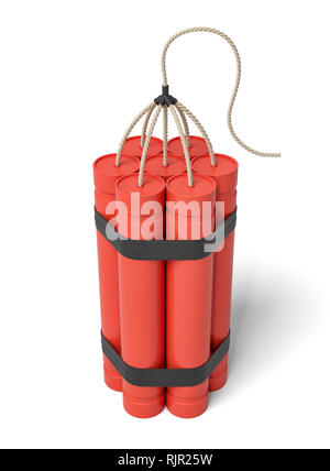 3d rendering of batch of TNT dynamite sticks isolated on white background. Cartoon style design.  illustration. Explosive materials. Stock Photo