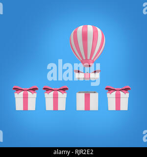 3d rendering of four square wrapped present boxes one opened with air balloon Stock Photo