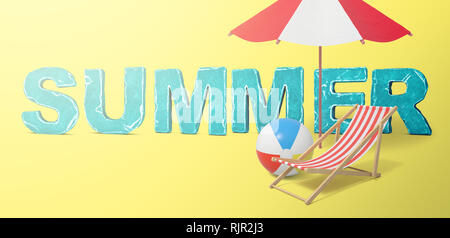 3d rendering of the 'SUMMER' title with a beach umbrella, a deck chair and a beach ball on a yellow background. Stock Photo