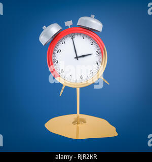 3d rendering of red alarm clock with golden paint melting off on blue background Stock Photo