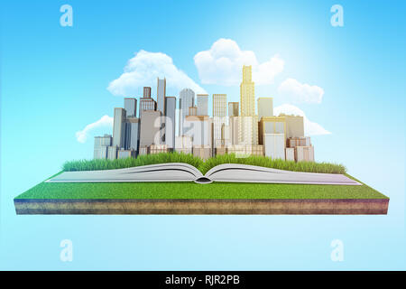 3d rendering of a modern city rising from an open book which lies on a patch of green lawn floating in blue sky. Stock Photo