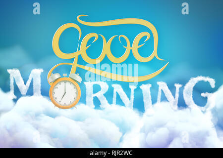 3d rendering of 'Good Morning' sign with golden alarm clock on blue sky white clouds background Stock Photo