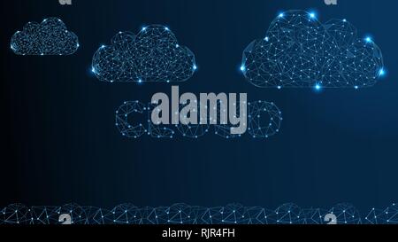 Cloud Technology. Cloud Computing, Big Data or Cloud Computing Concept. Abstract Digital Background. Wireframe Cloud Storage Sign on Dark Blue Stock Vector