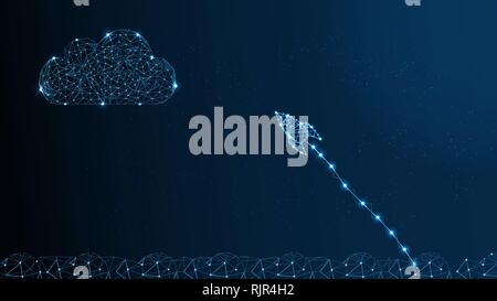 Rocket Made by Points and Lines, Polygonal Mesh with Stars on Night Sky above Clouds. Business Startup Concept from Wireframe with Spaceship. Vector Stock Vector