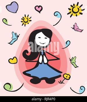 Asian female stick person sitting in lotus position and meditating. Around her is a red aura and positiv elements. Stock Vector