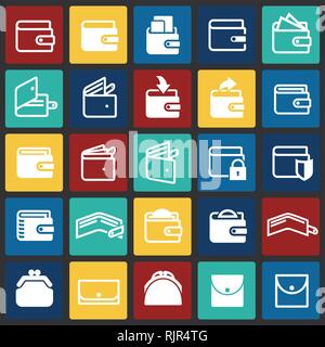 Wallet icons on color squares background for graphic and web design, Modern simple vector sign. Internet concept. Trendy symbol for website design web button or mobile app. Stock Vector