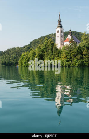 turquoise Lake Bled with pilgrimage church on Bled Island Slovenia Stock Photo