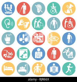 Disability icons set on color circles white background for graphic and web design, Modern simple vector sign. Internet concept. Trendy symbol for website design web button or mobile app. Stock Vector