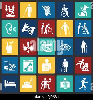Disability icons set on color squares background for graphic and web design, Modern simple vector sign. Internet concept. Trendy symbol for website design web button or mobile app. Stock Vector