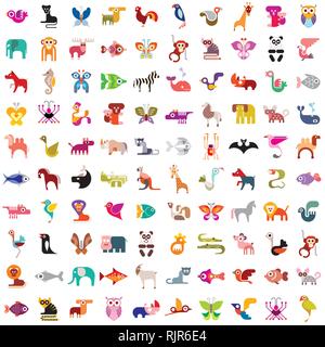 Animals, birds, fishes and insects large vector icon set. Various isolated colorful images on white background. Can be used as seamless background. Stock Vector