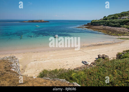 Looking south east from the Roman fort at chateau longis,Alderney, showing longis bay and the fort on Ile de Raz. Looking south east from the Roman fort at chateau longis,Alderney, showing longis bay and the fort on Ile de Raz.