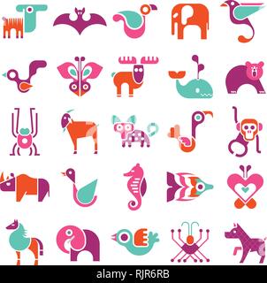 Animals, birds and fishes - large vector icon set. Various isolated colorful clip arts on white background. Can be used as logo. Stock Vector