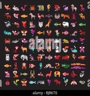 Animal large vector icon set. Various isolated colorful images on black background. Animal icon can be used as logo. Stock Vector