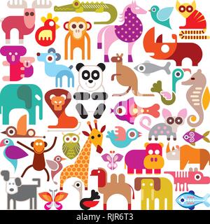 Animals, birds and fishes - square shape vector illustration. Various colorful icons on white background. Stock Vector