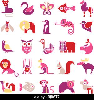 Animals, birds and fishes - large vector icon set. Various isolated colorful clip arts on white background. Can be used as logo. Stock Vector