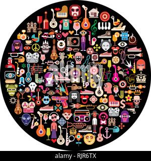 Art collage of many different images on round black background. Vector illustration. Stock Vector
