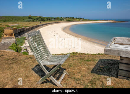 View from the Roman Fort at chateau longis,Alderney, looking north east along longis bay and the german ant-tank wall. Stock Photo