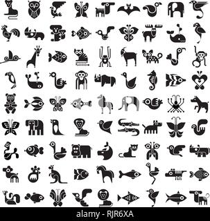 Animals, birds, fishes and insects large vector icon set. Isolated black and white images. Stock Vector