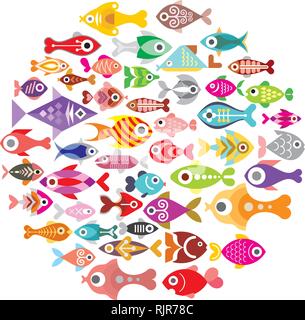 Aquarium Fishes - vector icons round illustration. Isolated on white background. Stock Vector