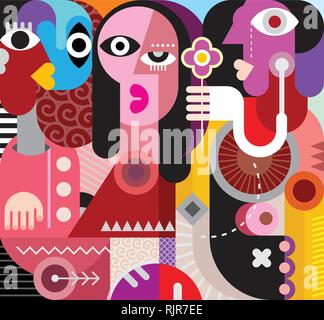 Two men and beautiful woman. The man gives one flower to a beautiful woman - modern art vector illustration. Abstract portrait. Stock Vector