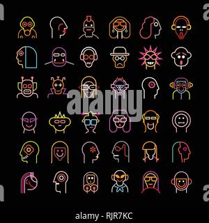 Neon colors isolated on a black background  Large collection of Funny vector avatars. Stock Vector