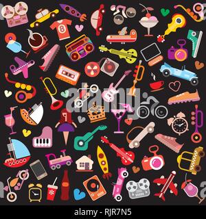 Random objects on black background. Vector illustration. Stock Vector