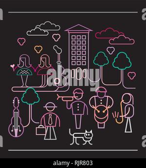 Street Musicians abstract vector illustration. Neon silhouettes on black background. City life scene. Stock Vector